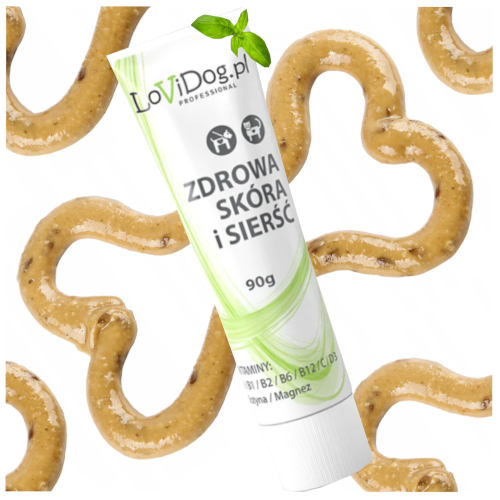 Przejdź do produktu LoViDog smaczki przysmaki pasta pasztet zdrowa sierść i skóra 90g dla psa