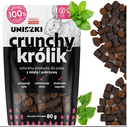 Przejdź do produktu Uniszki smaczki przysmaki crunchy z królika mięta-pokrzywa 80g dla psa