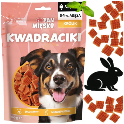 Przejdź do produktu Pan Mięsko smaczki przysmaki kwadraciki królik 100g dla psa
