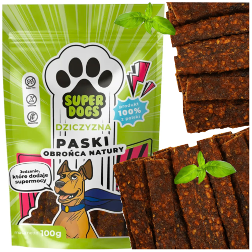 Przejdź do produktu Uniszki smaczki przysmaki paski z dziczyzny 100g dla psa
